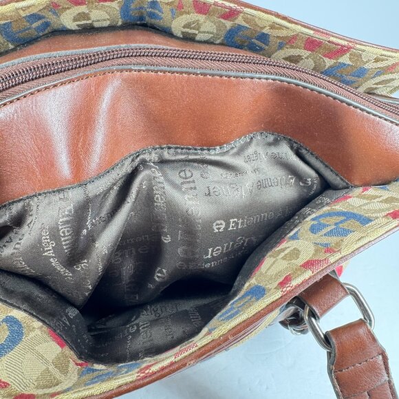 Etienne Aigner Monogram Canvas Shoulder Tote Brown Faux Leather Trim - Picture 8 of 16